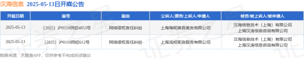 股票配资平台网址 汉海信息作为被告/被上诉人的2起涉及网络侵权责任纠纷的诉讼将于2025年5月13日开庭